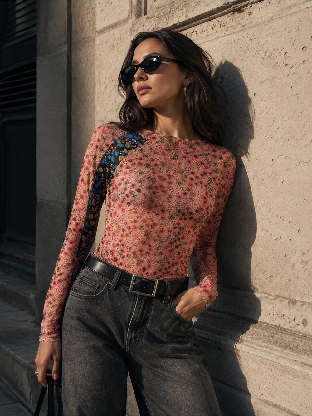 ATLEIN Chic Floral Mesh Long Sleeve Top NWT Size M